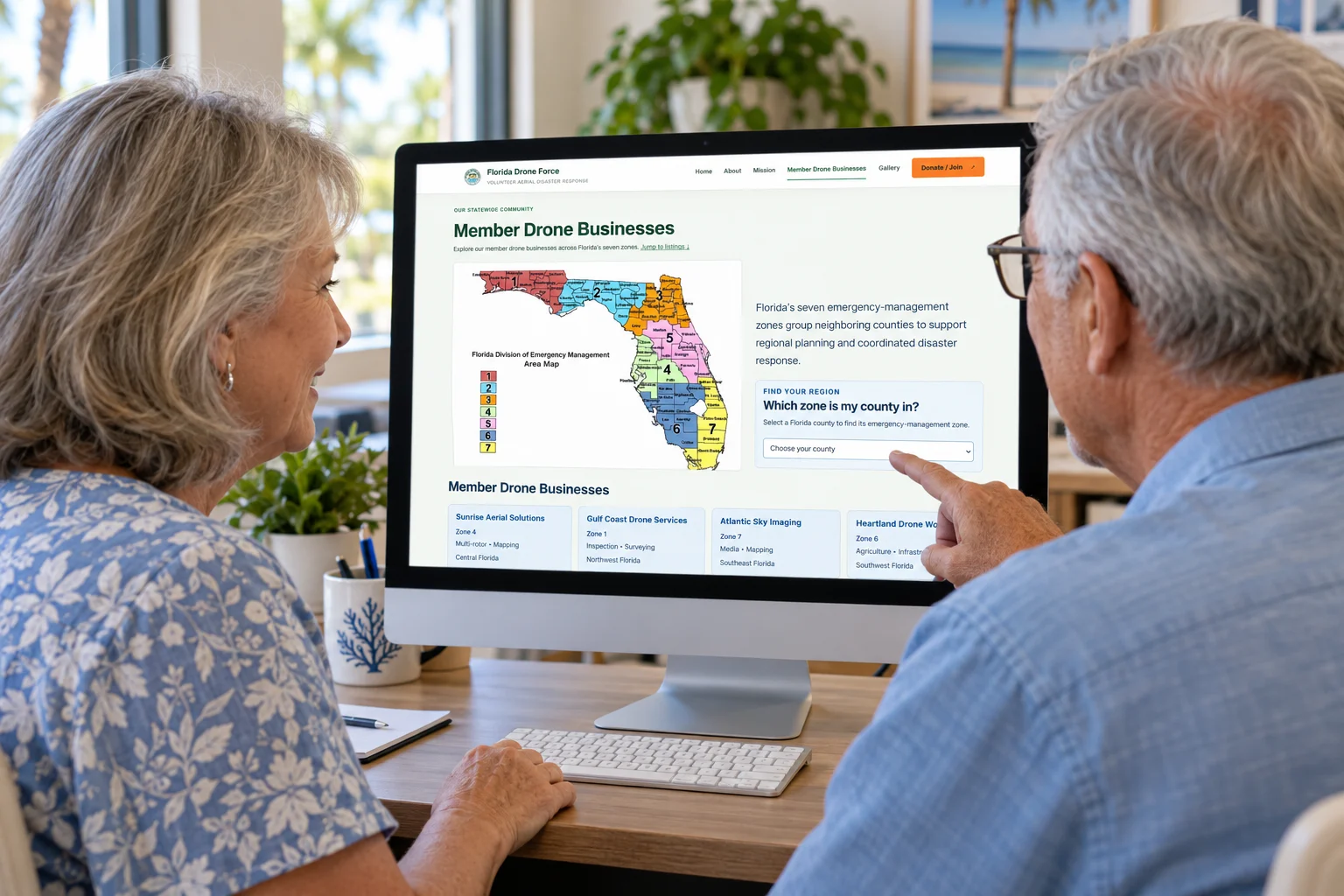 Two older adults at a desk exploring the Florida Drone Force member directory on a computer.