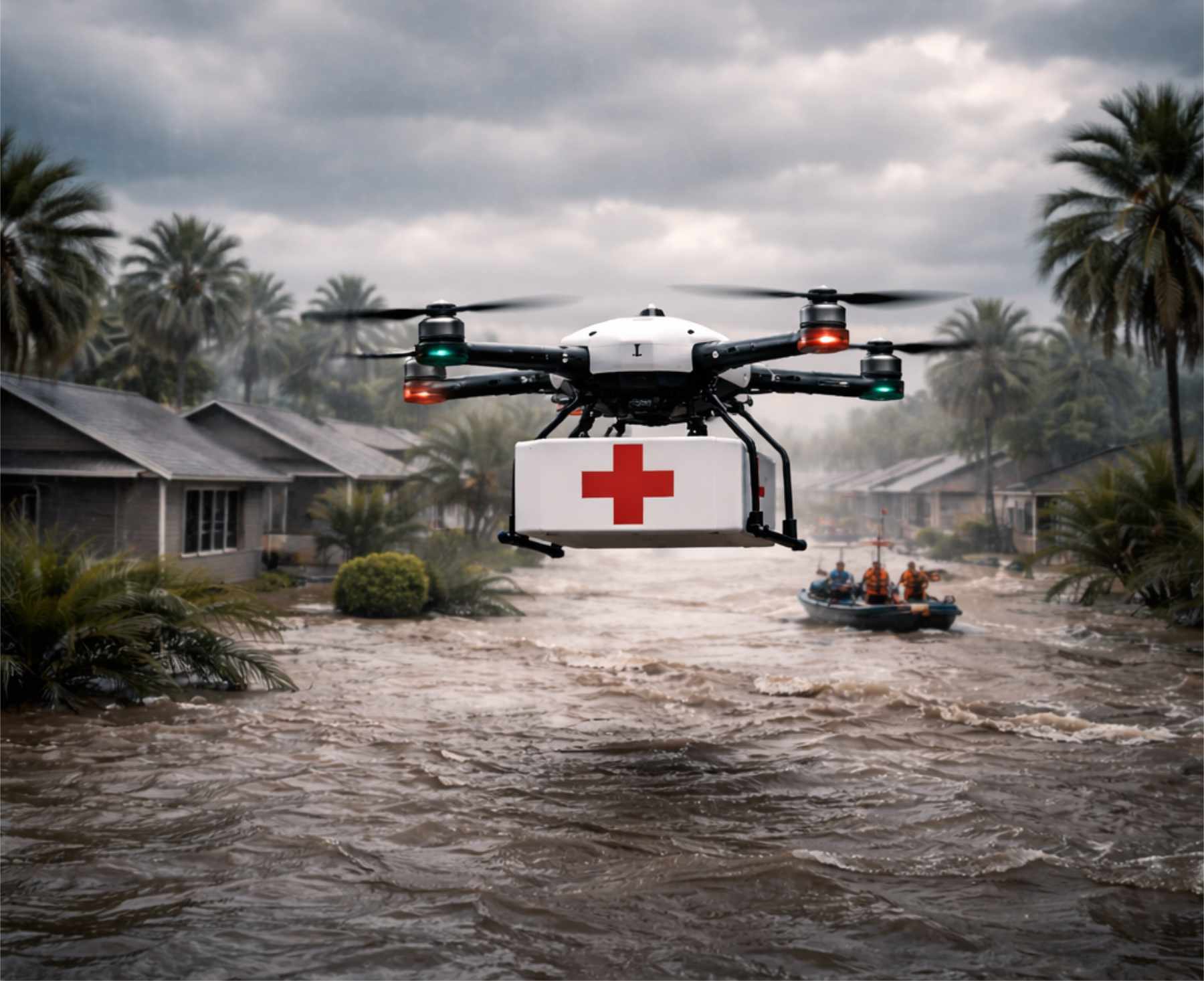 Cinematic wide angle shot of a high-tech rescue drone hovering over a flooded coastal Florida town at dusk