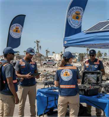 Professional pilot in rescue vest operating a thermal drone controller during emergency response