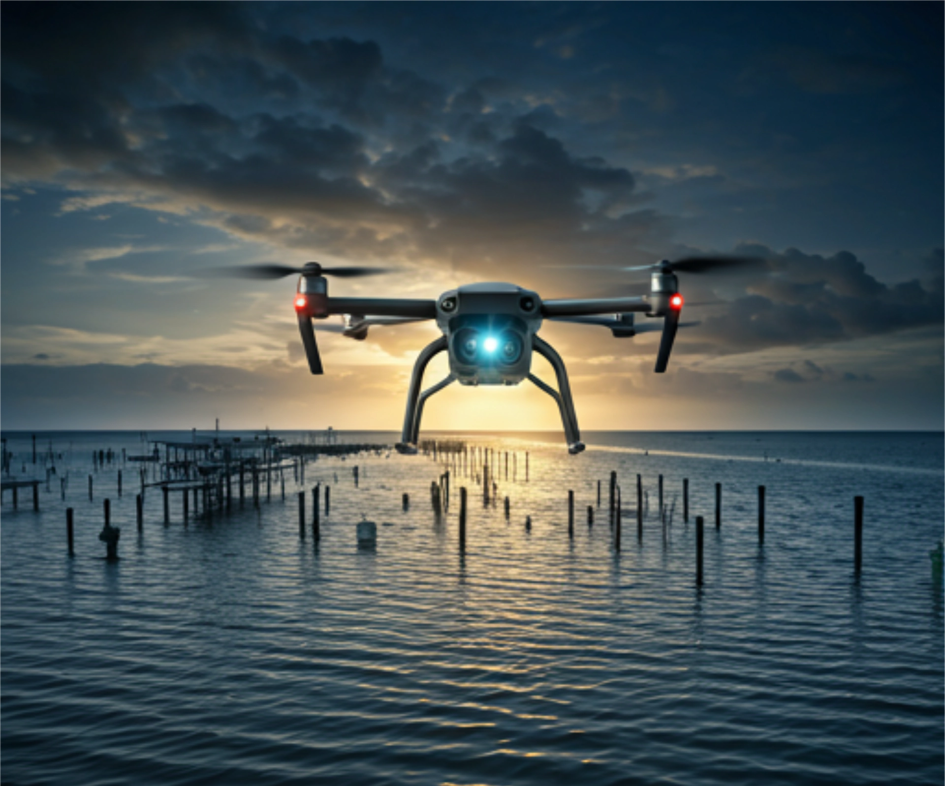 Drone flying over water at sunset